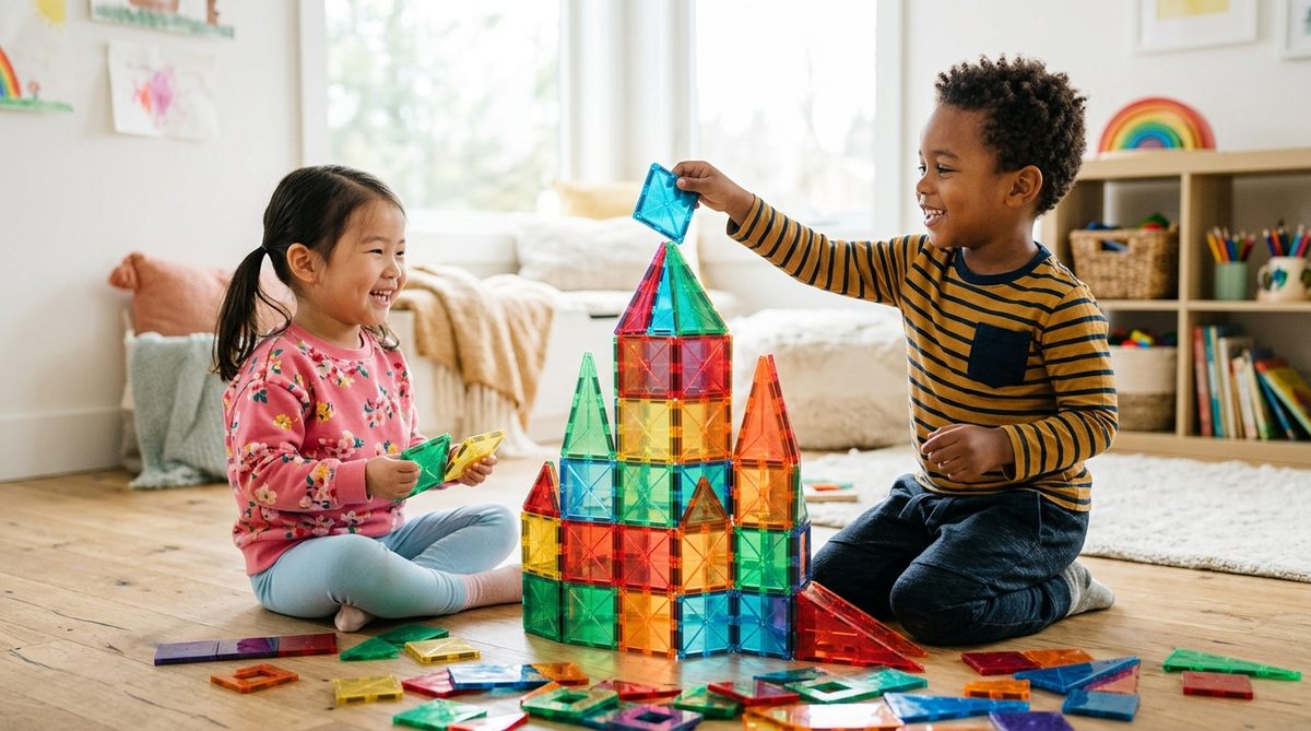 Two young kids happily building a colorful castle with The Lab Academy magnetic tiles